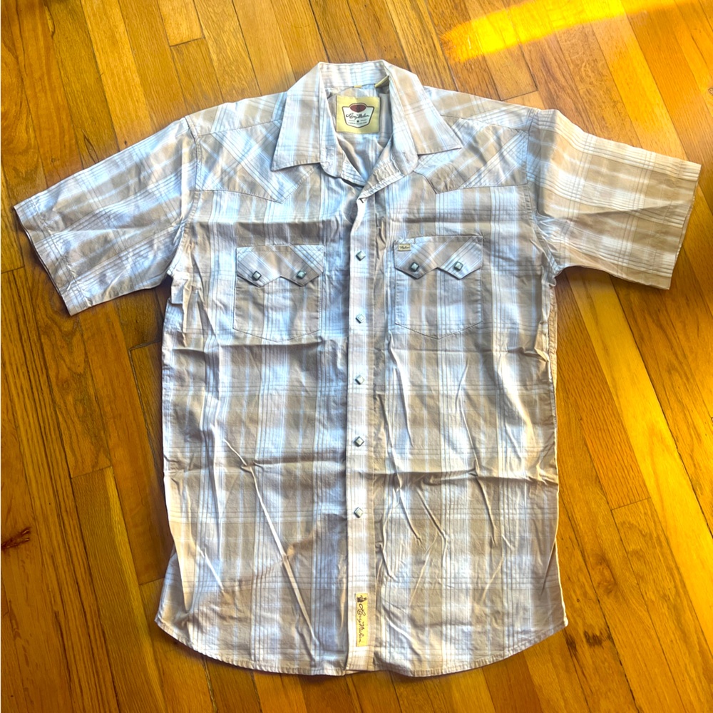 Larry mahan tand and cream plaid short sleeve snap shirt